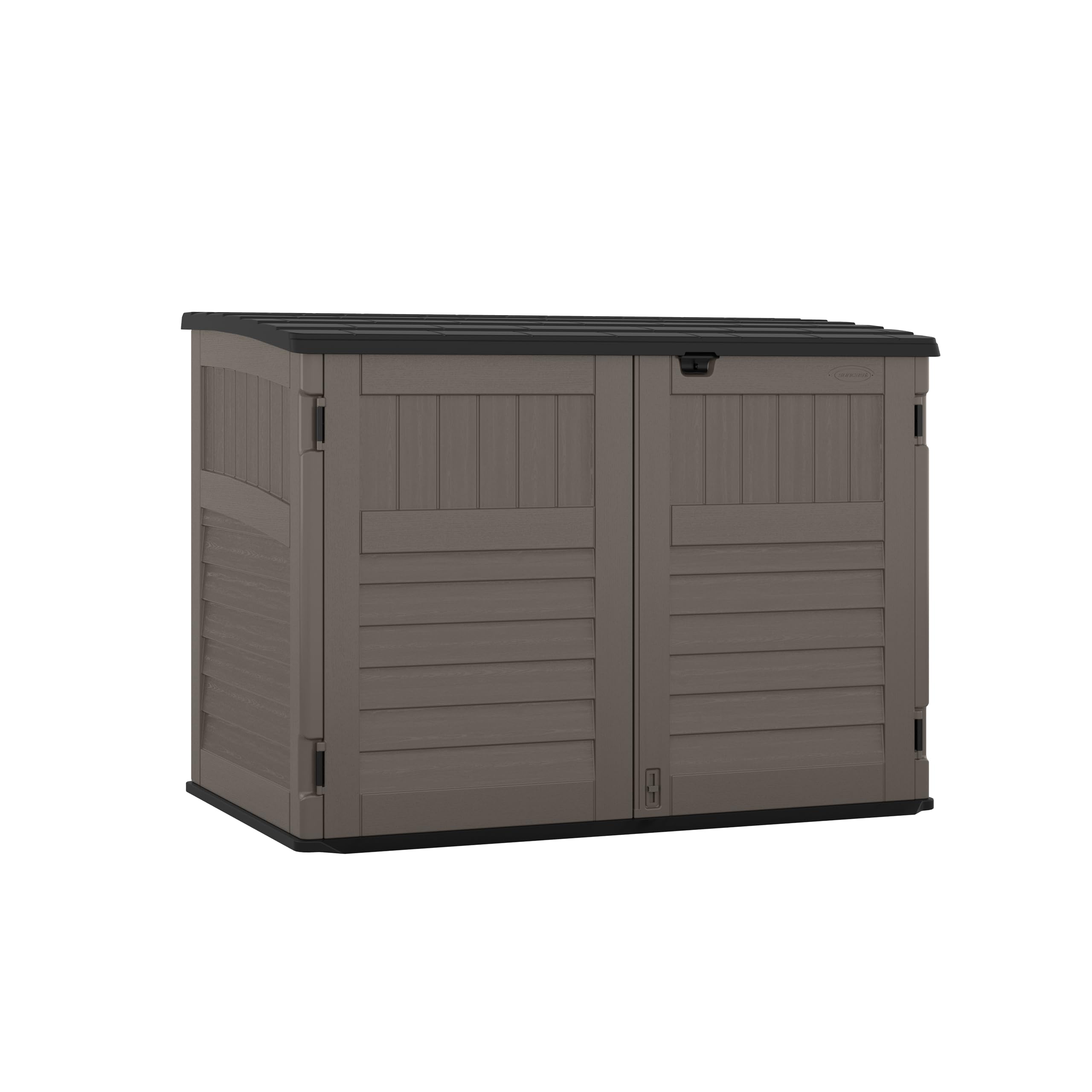 Photo 1 of ***DAMAGED-MISSING PARTS SELLING AS IS *** Suncast 5.9 ft. x 3.7 ft Horizontal Stow-Away Storage Shed - Natural Wood-Like Outdoor Storage for Trash Cans and Yard Tools - All-Weather Resin, Hinged Lid, Reinforced Floor - Made in The USA