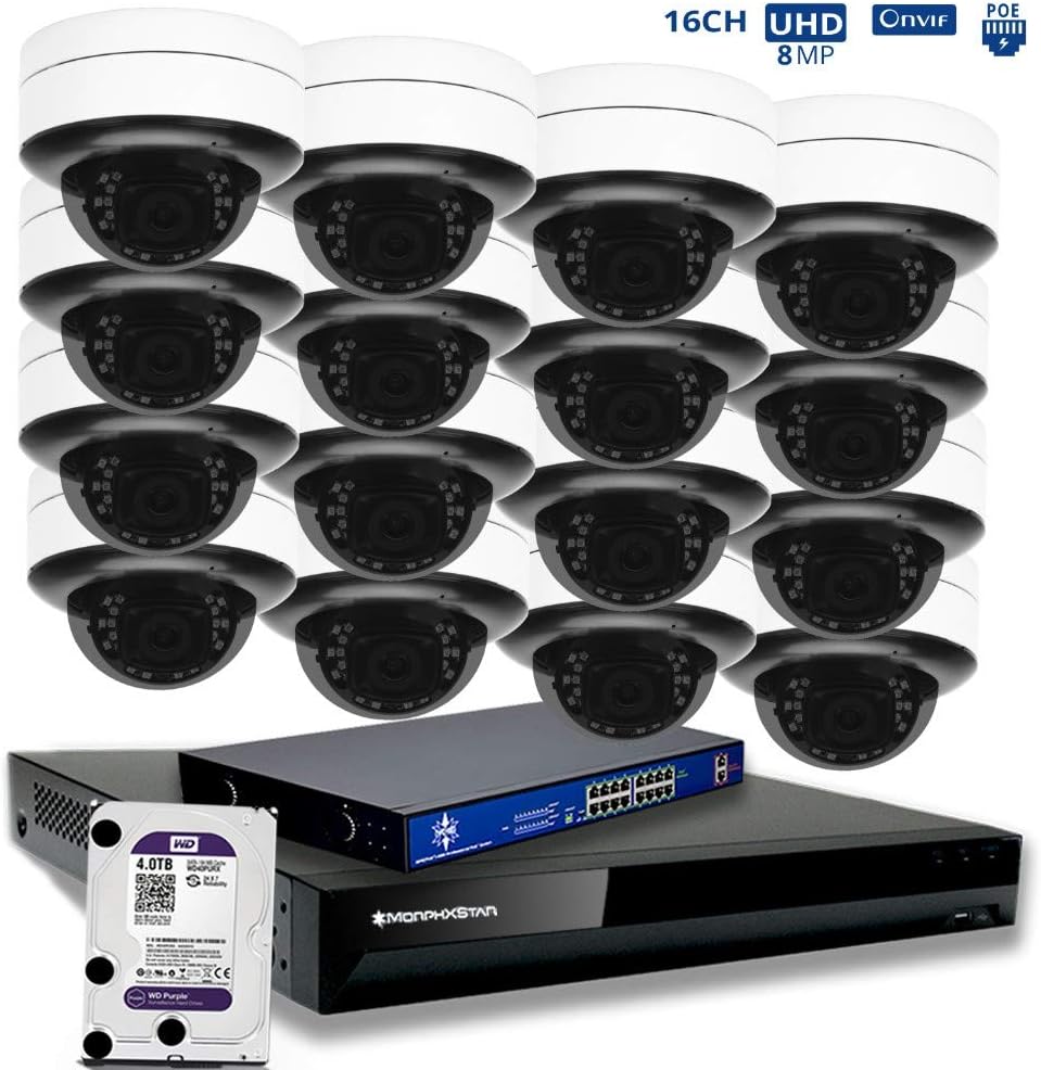 MorphXStar 16CH 4K NVR Network IP Security Camera System - 16 x HD 2160P 6MP 2.8~8mm Motorized Lens 80ft IR PoE IP Dome Camera + 4TB Hard Drive + 16 Ports PoE Switch