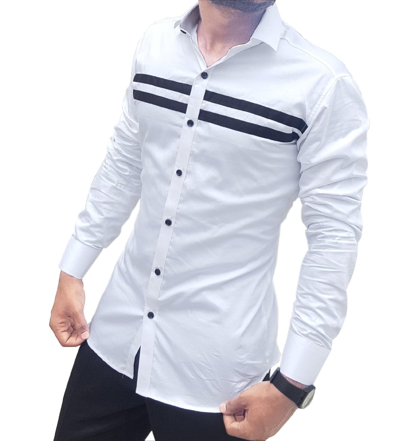 s.n. men's cotton casual long sleeves slim fit shirts white