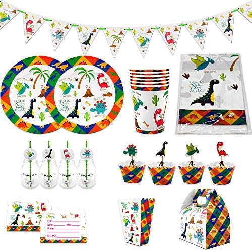 107 Piece Dinosaur Dino Party Supplies, Kids Birthday Party Decoration Tableware Pack, Including Banner, Plate, Cup, Straw, Cupcake Deco, Invitation Card, Candy Box, Popcorn Box, Table Cover, Serve 12