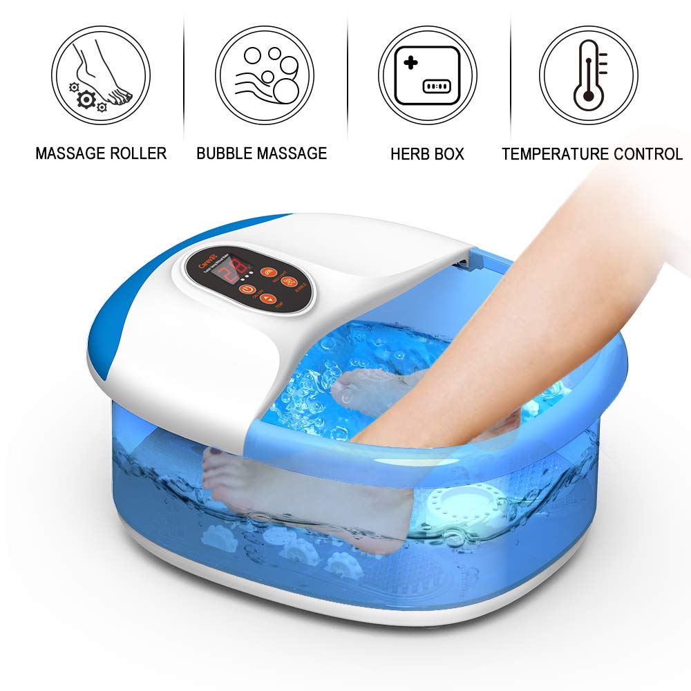 Carevas Foot Spa Massager, Heated Foot Bath with 14 Massaging Rollers, O2 Bubbles, Adjustable Temperature, Medicine Box for Tired Feet Stress Relief: Beauty