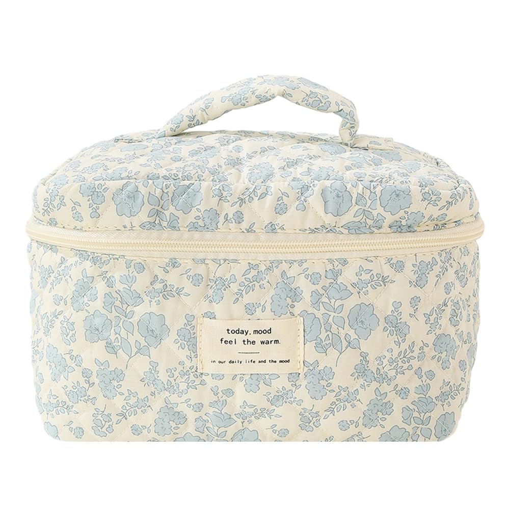 CHAMAIR Quilted Floral Makeup Bag - Coquette Skincare Bag Aesthetic Cosmetic Bag Cotton Toiletry Bag Large Capacity Travel Make Up Bag for Women Ladies Girls (Style D1) — image 1