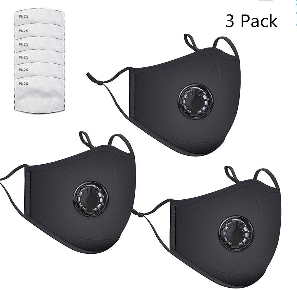 FANTASIEN 3 Pack Face Masks with Breathing,Washable,Reusable Dust Masks Air Purifying PM2.5 Carbon Filter Face Mask-Protection from Dust, Pollen, Pet Dander For Running Riding (black)