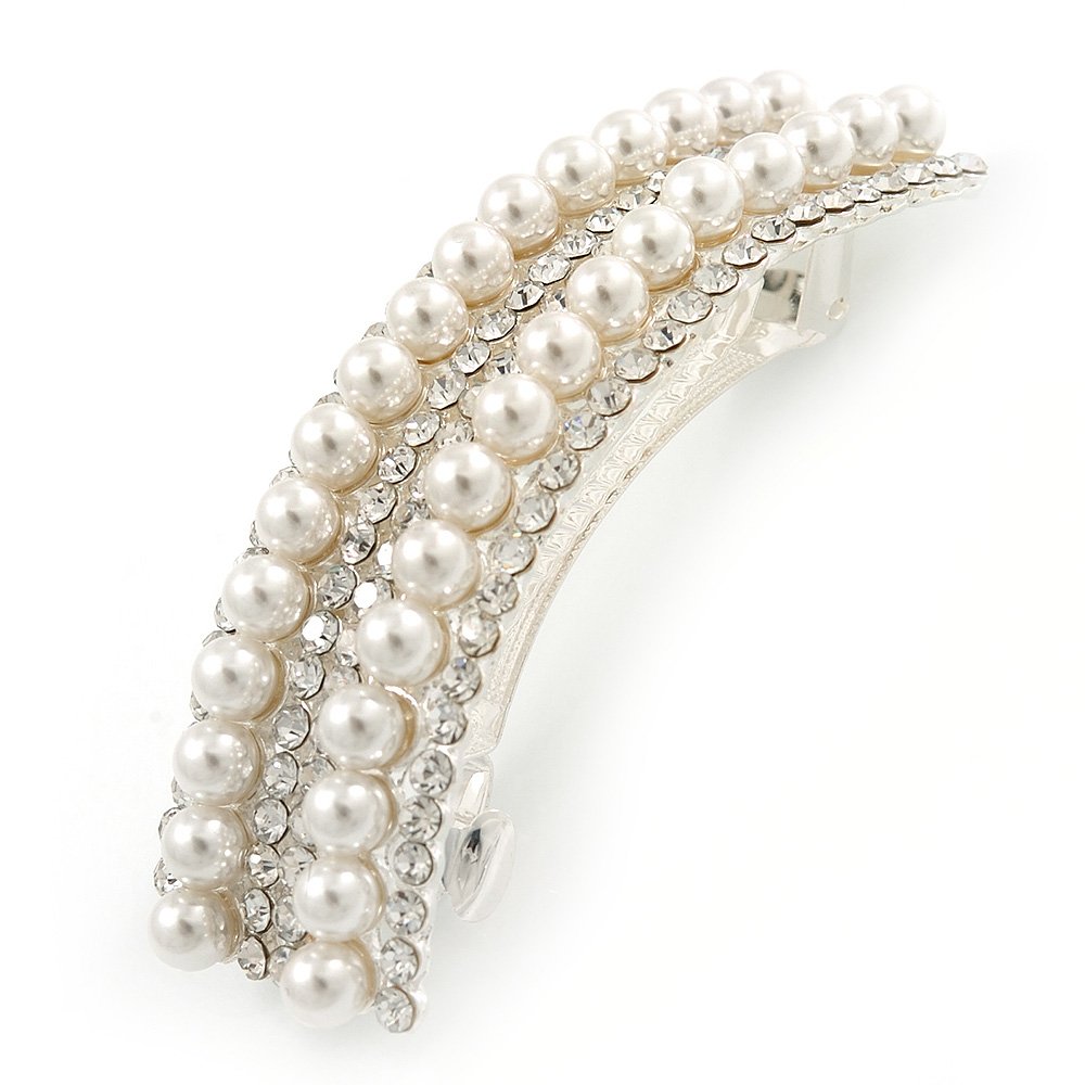 Bridal/Wedding/Prom Silver Tone Simulated Pearl Diamante Barrette Hair Clip Grip - 85mm Across