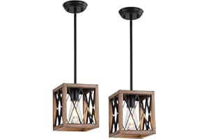 KEESFU Farmhouse Pendant Light, 1 Light Metal Cage Hanging Light with Wooden Grain Finish,Height Adjustable Kitchen Island Lighting,Pendant Lighting for Kitchen Island Hallway Foyer.2 Pack.