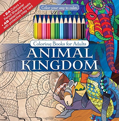 Animal Kingdom Adult Coloring Book Set With 24 Colored Pencils And Pencil Sharpener Included: Color Your Way To Calm