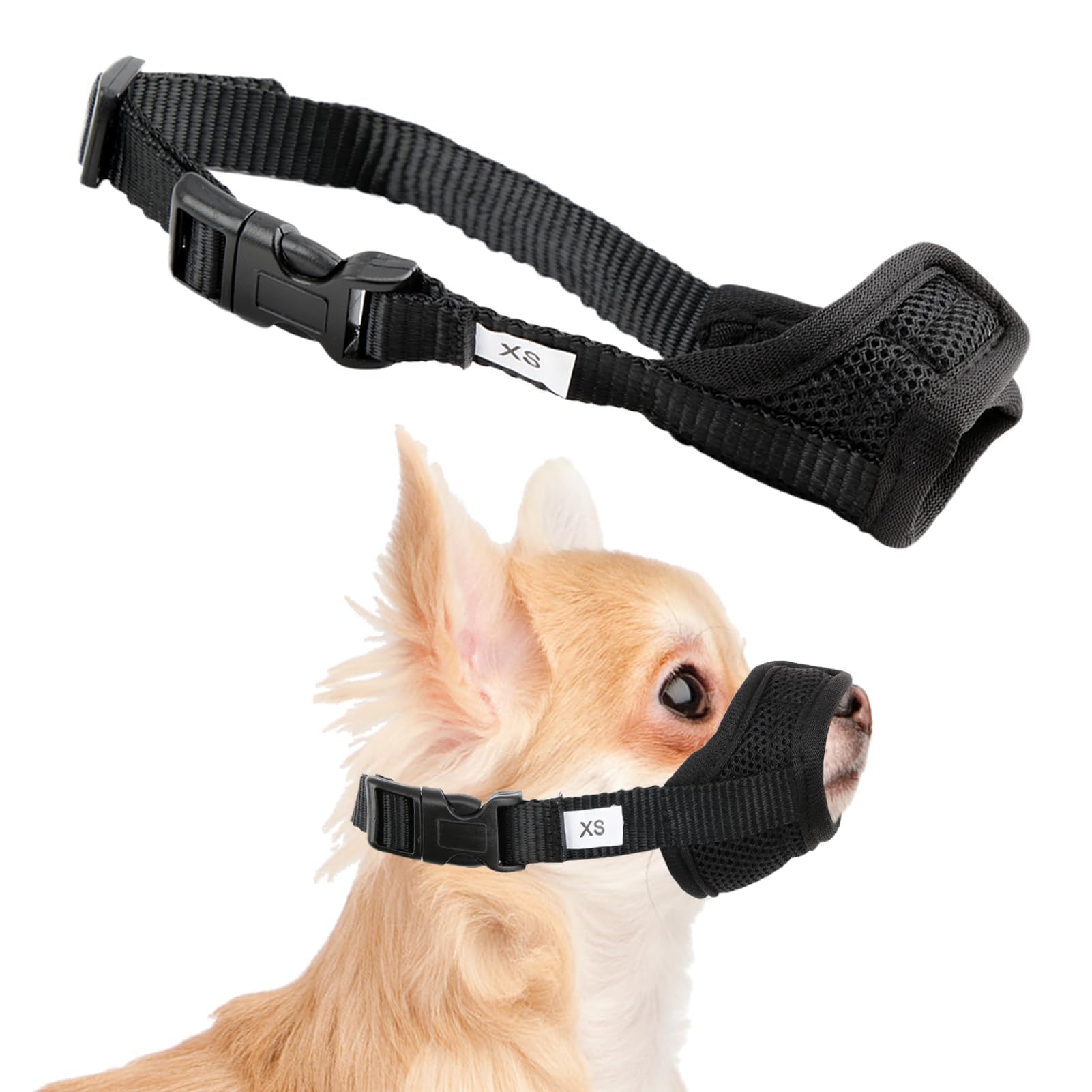 Dog Muzzle for Dogs, Adjustable Soft and Breathable Nylon Muzzle Anti Barking Anti-Bite Anti-Chew Muzzle for Small Medium Dogs (XS, Black)