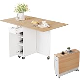 Folding Dining Table, Space Saving Kitchen Table with 6 Wheels(Light Brown) | Dinner Table with Drawer and Storage and Shelves, Space Saving Dining Table with 6 Wheels for Small Spaces