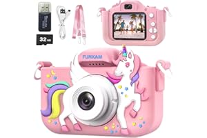 FUNKAM Kids Camera Toys for Girls and Boys Age 3-14, Kids Digital Camera Toddler Birthday Gifts, HD 1080P - Video Camera with Cute Unicorn Protective Cover, 32GB SD Card, Lanyard & Pen Drive (Pink)