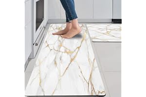 Mrcrypos Gold White Kitchen Rugs Cushioned Anti Fatigue 2 PCS Marble Kitchen Mats PVC Non Slip Waterproof Kitchen Mats for Floor Sink Laundry Office