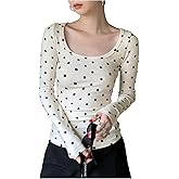 WDIRARA Women's Polka Dots Square Neck T Shirts Long Sleeve Tee Fitted Tops