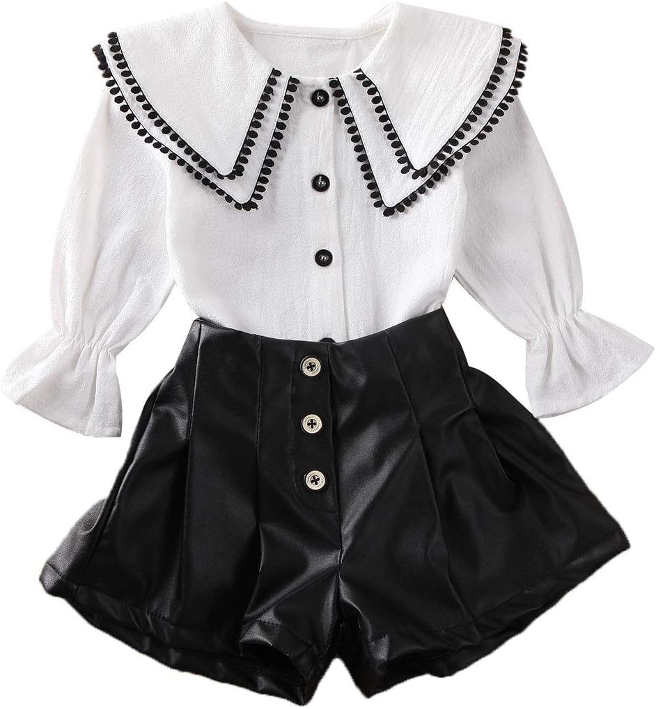 1-6Y Toddler Kids Baby Girl Clothes Ruffle Long Sleeve Button Down Shirts Top +Leather Shorts Skirt Summer Outfits Set