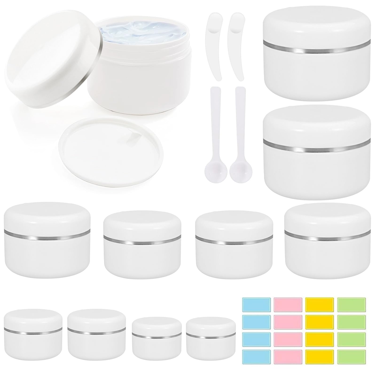 10 Pcs Cosmetic Sample Jars, 10/20/30/50/100ml Plastic Refillable Travel Pots for Toiletries Empty Cosmetic Container Pots with Mini Spatulas Spoon and Labels for Makeup Beauty Nails