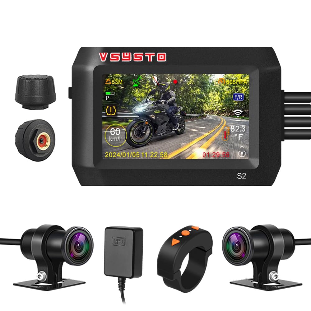 VSYSTO Motorcycle Dash Camera, Parking Monitoring, Tire Pressure Sensors, WiFi Waterproof GPS 3 Inch Screen WDR SONYIMX307 150° Wide Angle HD 1080P Front and Rear Camera, Temperature Sensor
