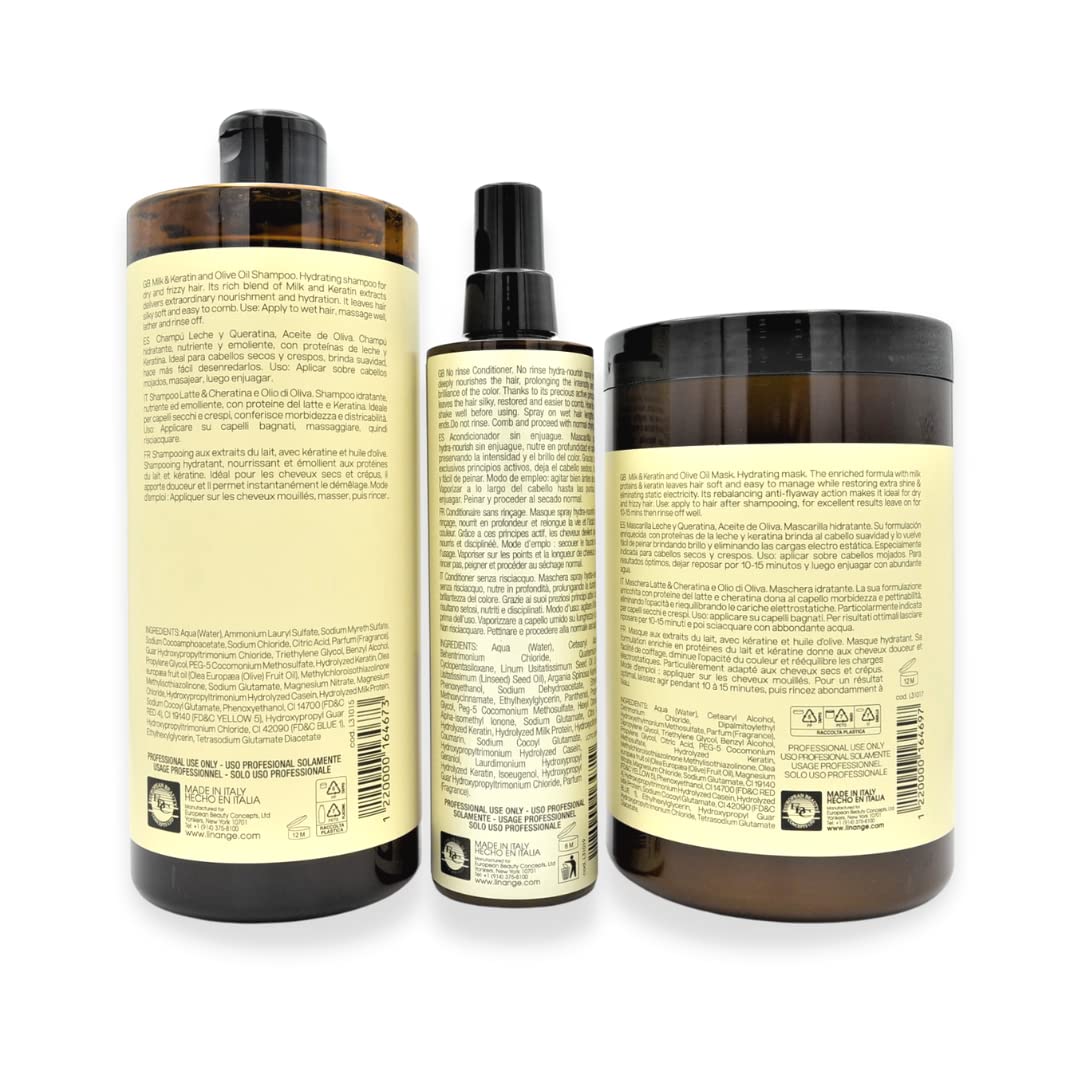 Linange Milk & Keratin Set: 33.8 Oz Shampoo, 33.8 Oz Mask, 8.45 Oz Leave-in Conditioner Spray (Free Starry Sexy Kiss Lip Plumping)