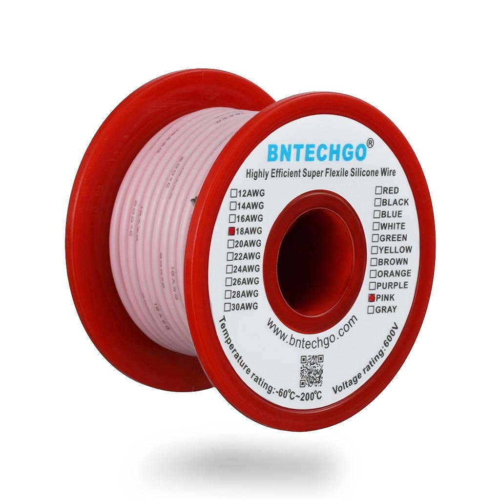 BNTECHGO 18 Gauge Silicone Wire Spool Pink 50 ft Ultra Flexible High Temp 200 deg C 600V 18 AWG Silicone Rubber Wire 150 Strands of Tinned Copper Wire Stranded Wire for Model Low Impedance