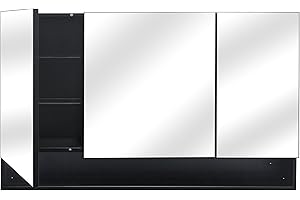 HESONTH 45x29 Inch Black Bathroom Medicine Cabinets with Mirror Adjustable Shelves 3 Doors Metal Frame Large Wall Mounted Mirrored Cabinets