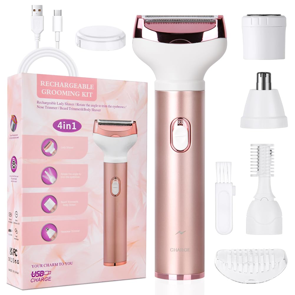 ACWOO Electric Lady Shaver, Cordless 4 in 1 Electric Shaver for Women, Rechargeable Painless Electric Lady Razor Bikini Trimmer Wet and Dry Hair Removal for Face Legs Underarm Bikini Nose and Eyebrow — image 1