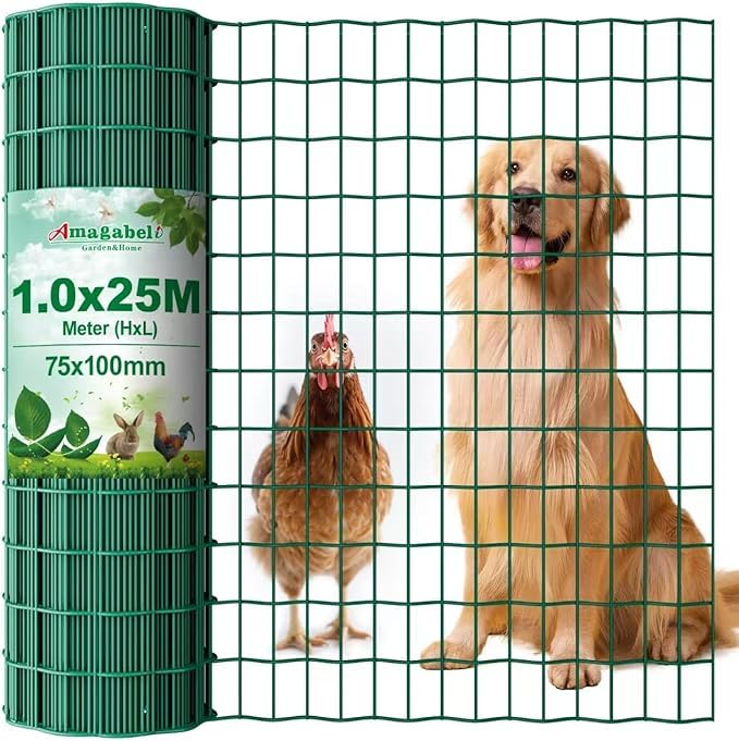 Amagabeli Garden Home 1M X 25M Green Wire Mesh Fencing RAL6005 PVC Coated 100 x 75mm Mesh Size 2.2mm Wire Diameter Galvanized Wire Fence Roll Poultry Netting Chicken Wire Hardware Cloth HC04
