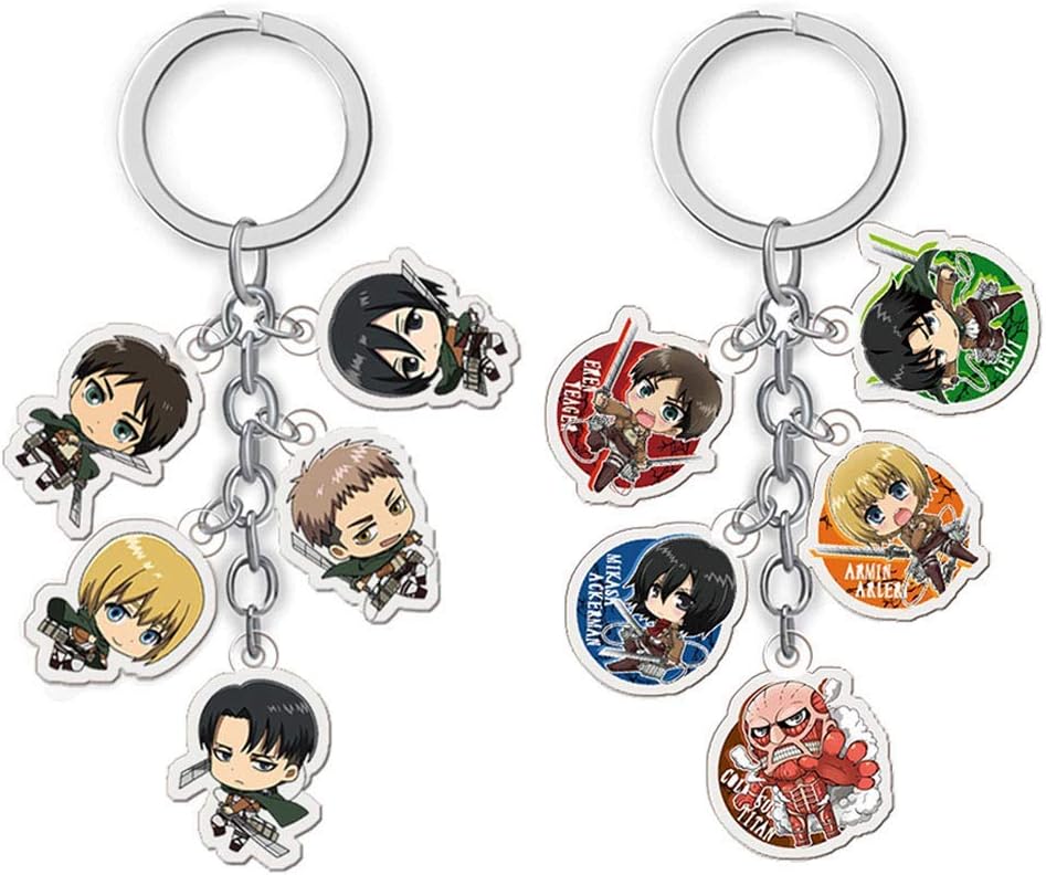 Mini Office Depot Attack on Titan keyring with 5 Chibi Figures Pendants Anime Metal Keychain( 2 Pack)