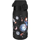 Ion8 Kids Water Bottle, Steel 400 ml/13 oz, Leak Proof, Easy to Open, Secure Lock, Dishwasher Safe, Flip Cover, Carry Handle, Easy Clean, Durable, Scratch Resistant, Raised Print, Space Travel Design