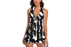 Omichic Womens Halter Tankini Swimsuits Two Piece Tummy Control Bathing Suits V Neck Swimdress with Boyshorts Swimwear