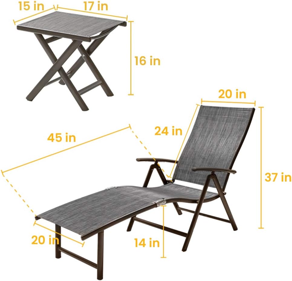 Crestlive Products Aluminum Beach Yard Pool Folding Recliner Adjustable Chaise Lounge Chair and Table Set All Weather for Outdoor Indoor, Brown Frame (Black & Gray): Furniture & Decor