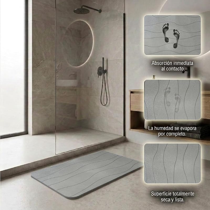 , Alfombra Diatomita Baño, 40x60 cm, Piedra de Secado Rápido, Antideslizante, con Lija, Alfombrilla Rígida Absorbente, Antimoho, para Ducha y Baño (Gris Claro)