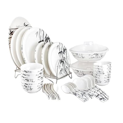 WHITE GOLD 44 PCS MELAMINE FULL DINNER SET CROCKERY - ROUND - BAMBOO