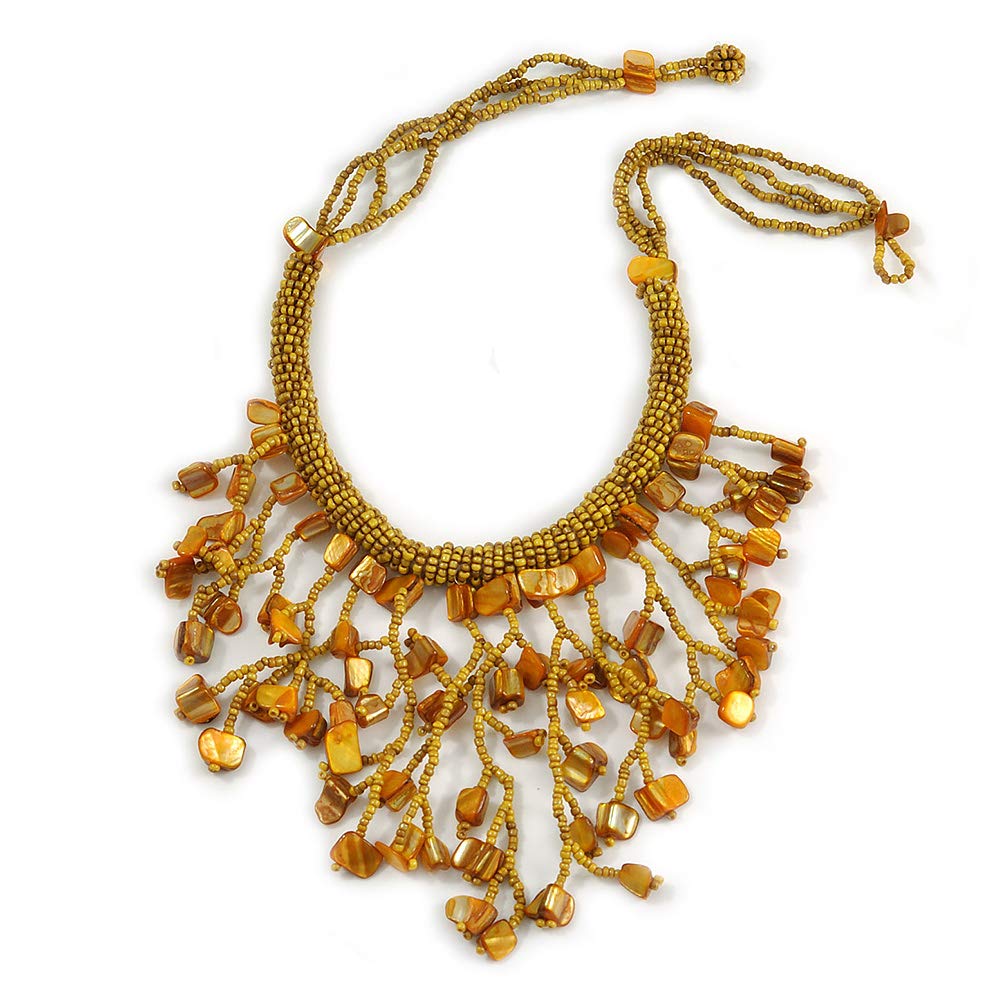 Avalaya Mustard Yellow Shell Nugget Glass Bead Fringe Necklace/42cm Long/ 11cm Front Drop