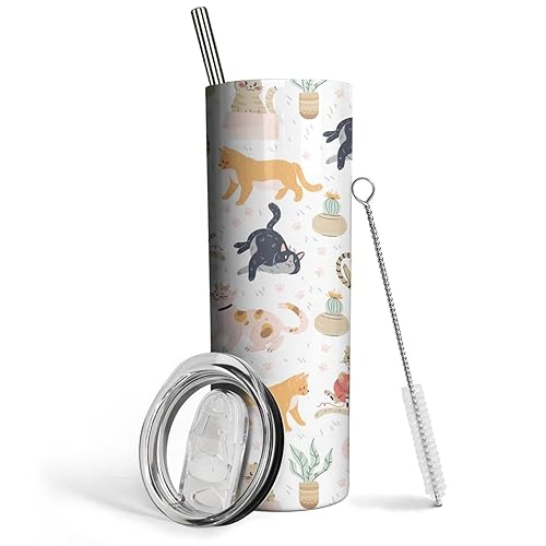 Heqianco Cat Gifts Cat For Women Lover Gifts 20oz Tumbler With Lid And Straw Cats Mom Gift Insulated Stainless Steel Skinny Mug Water Bottle Travel Coffee Cup