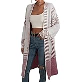 chouyatou Women's Color Block Striped Fuzzy Long Cardigan Sweaters Open Front Diagonal Stripe Knit Cardigan Jacket Coat