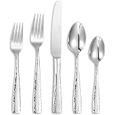 KEAWELL Premium Louis Hammered 20/45/65-Piece Silverware Set (20) | 18/10 Stainless Steel Fine Flatware Set; Squared-Edge Design; Service for 4/8/12; Brilliant Mirror Finish; Dishwasher Safe