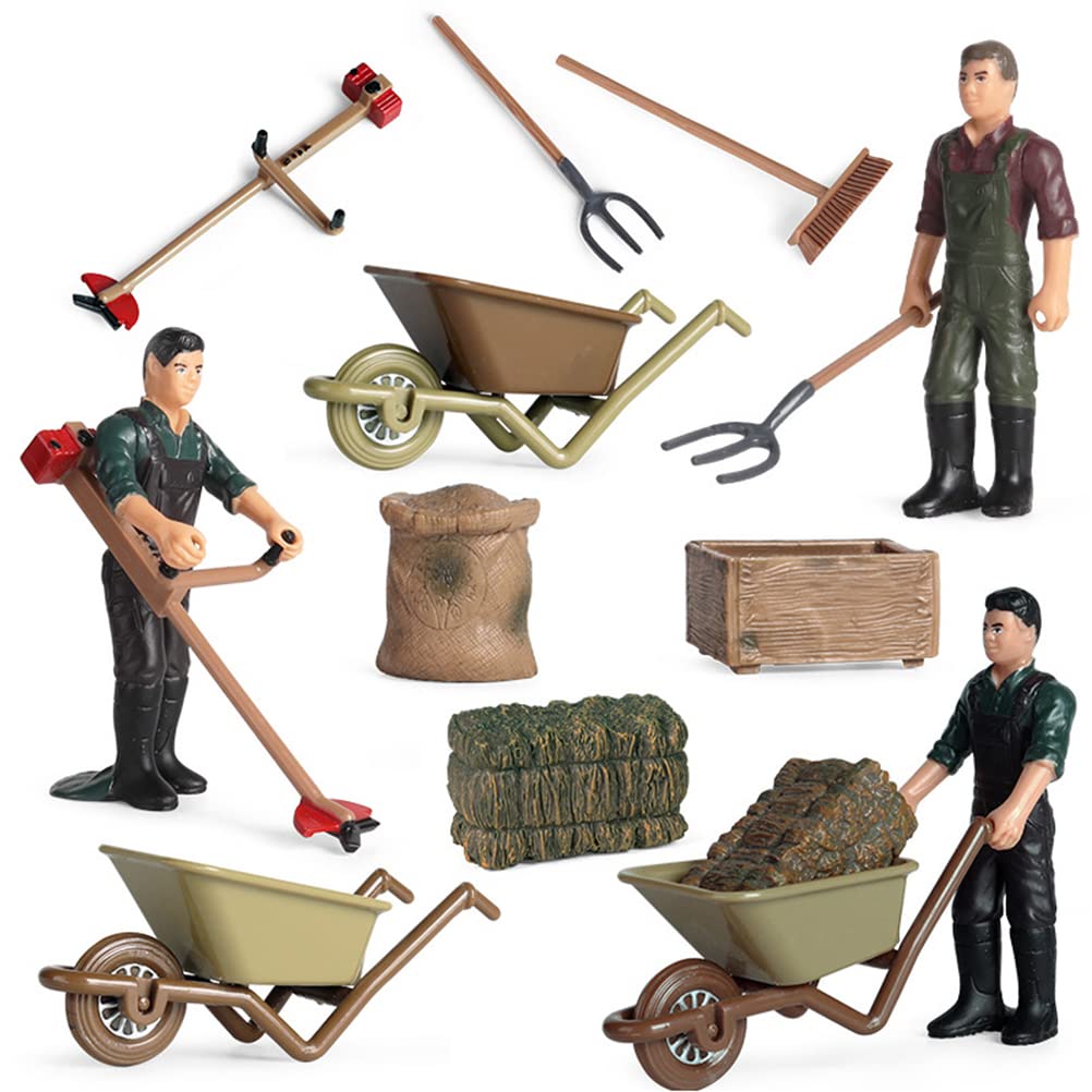 Fencelly 12PCS/Set Little Farmer People Figures,Farm Tools Miniature Figurines Simulation Scene Farm Model Mini Educational Playset for Kids Toldders, color