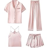 SAPJON Silk Pajamas for Women Set 4Pcs Ruffled Satin Pajamas Set Button Down Short Sleeve Cami Shorts Sleepwear Pj Set