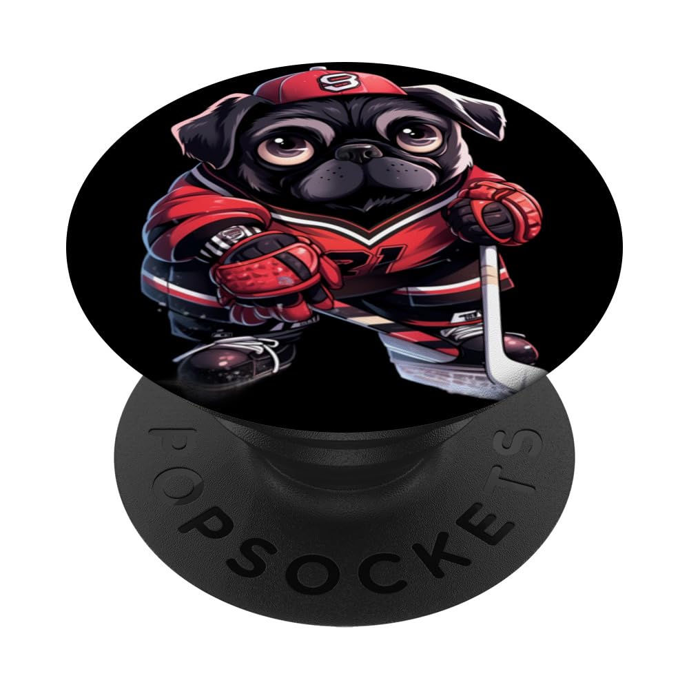 Pug Ice Hockey Player Dog Hockey Stick Goalie PopSockets Swappable PopGrip