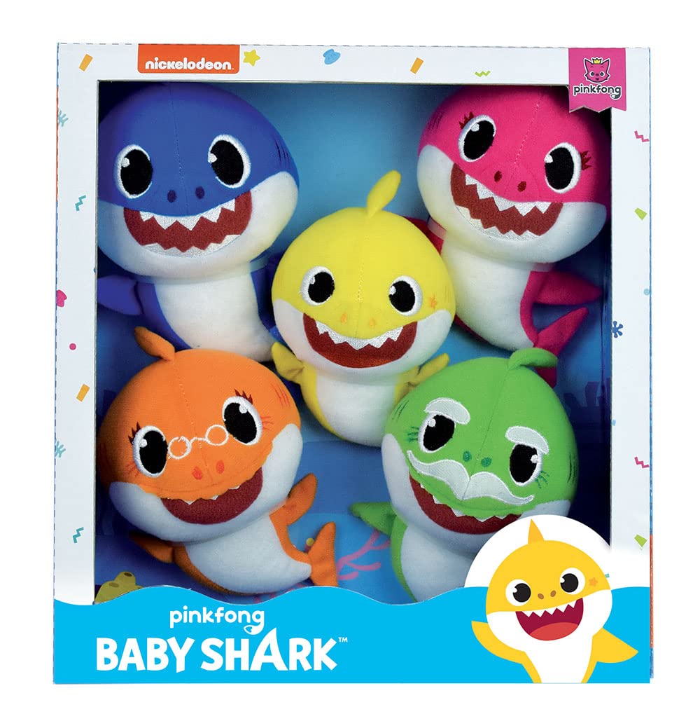 Jemini 024073 Baby Shark Set with 5 Plush Toys + 15 cm Baby Shark, Dad, Mama, Paper and Mamy, Multi-Coloured
