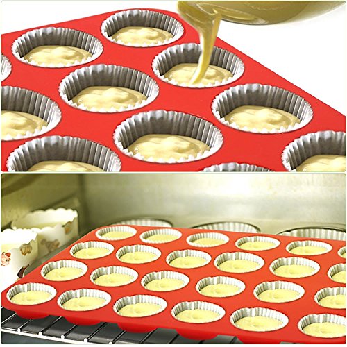 Premium Silicone Mini Muffin & Cupcake Baking Pan Large Non Stick 24 Cup Cookies Molds Bakeware Tin Soap Tray Mould by Meiso (Set of 2) (Red) - Thumbnail 3