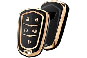 ELOHEI Key Fob Cover for Cadillac, Key Fob Case for 2015-2019 Cadillac Escalade CTS SRX XT5 ATS STS CT6 5-Buttons Premium Soft TPU 361 Degree Full Protection (Gold Edge Black)