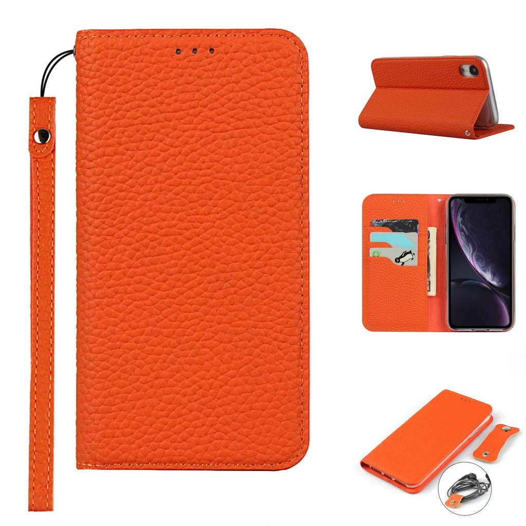 Copmob iPhone XR Case,Genuine Leather Flip Wallet Case,[3 Card Holders][Magnetic][RFID-Blocking],Protective Phone Case Cover for iPhone XR - Orange