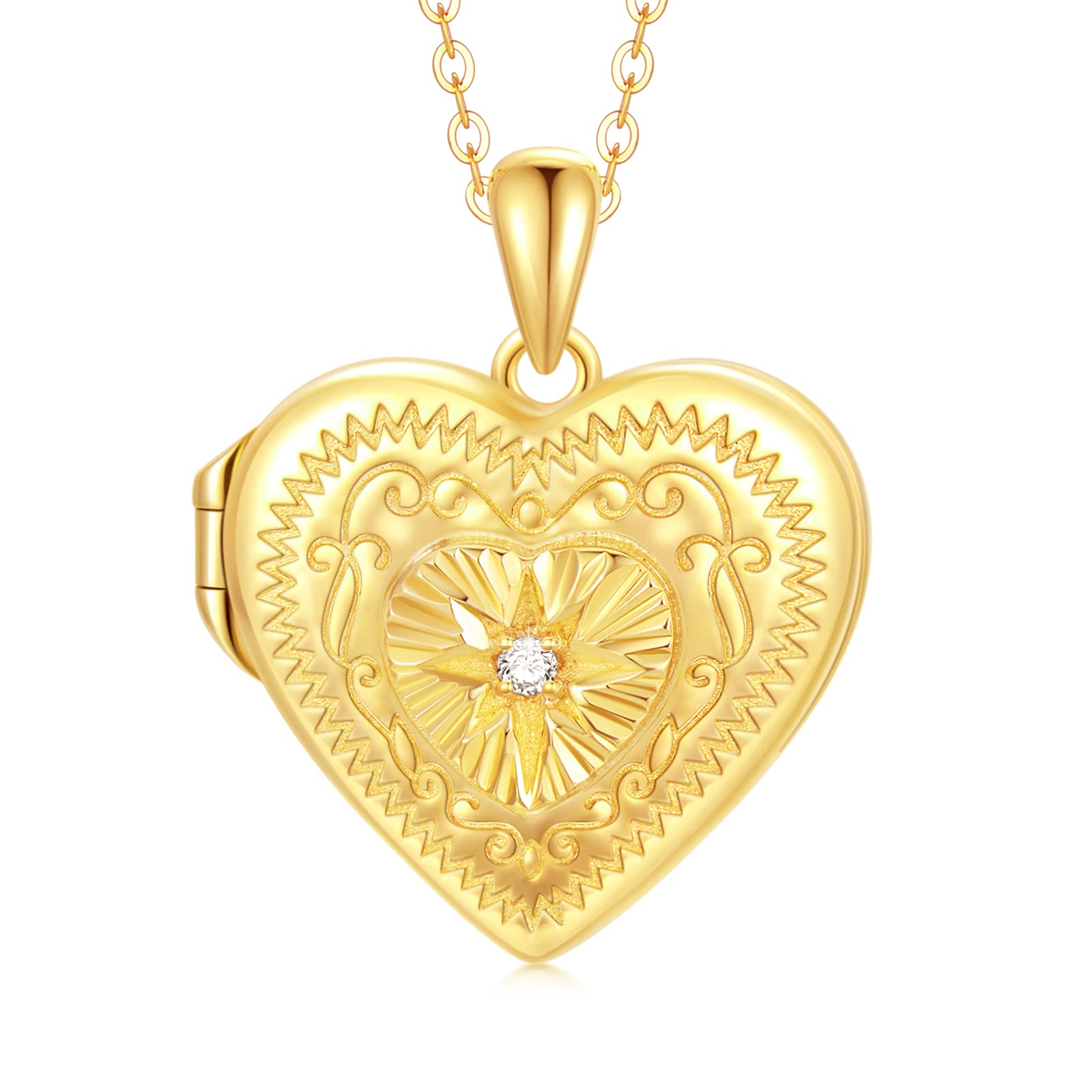 SOULMEET Sterling Silver Heart Shaped Statburst ​Locket Necklace That Holds Pictures Photo Animal Personalized Locket Necklace Mother's Day (Locket only)