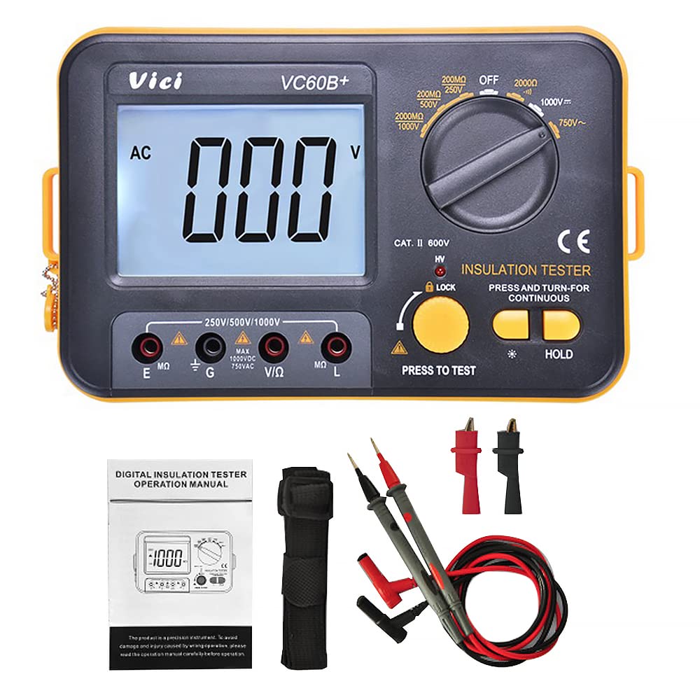 BE-TOOL Insulation Resistance Meter, VCB60+ Digital Insulation Resistance Tester Megger MegOhm Meter 1000V 0.1~2000MΩ(Black + Orange)