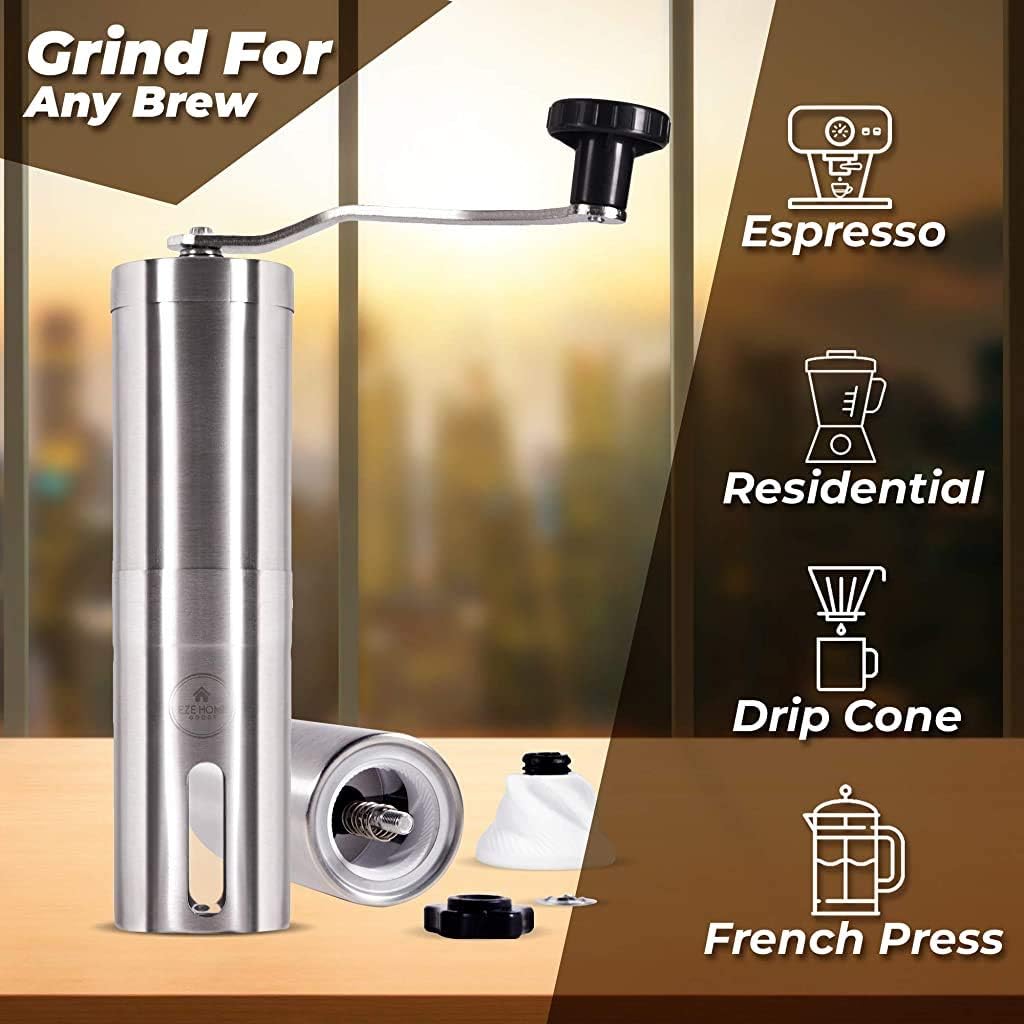 Hand Coffee Grinder with Conical Burr by EZE Homegoods - Ideal for Cold Brew, Pour Over - Portable Manual Beans Grinder