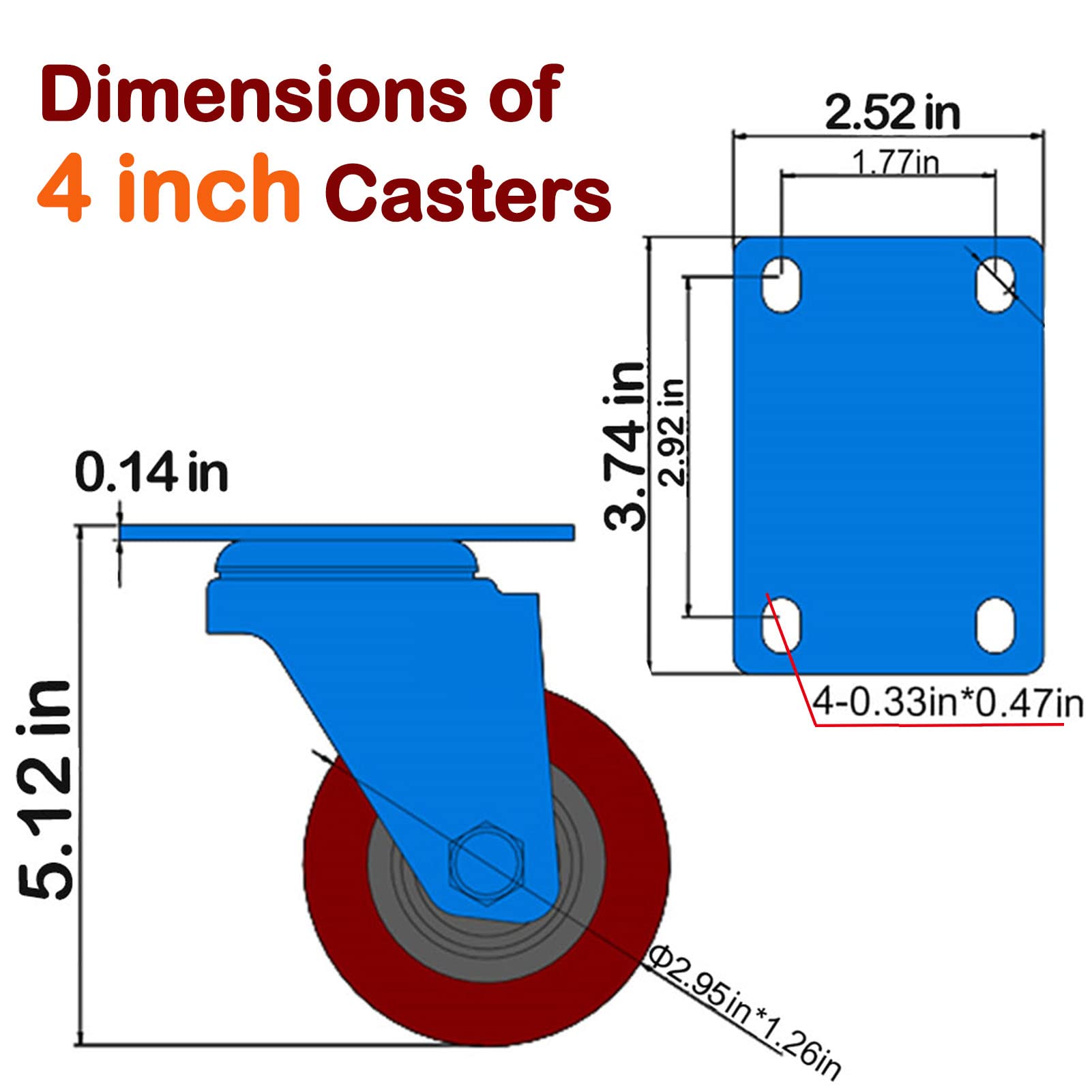 ABSLIMUS 4 inch Heavy Duty Casters Load 2400lbs, Lockable Bearing Plate