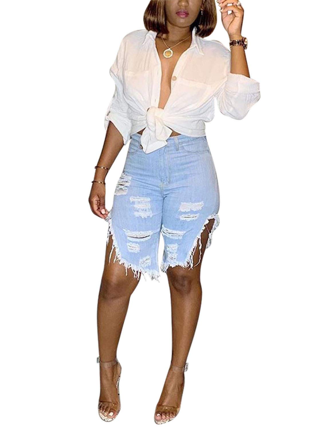 Photo 1 of SIAEAMRG High Waisted Jean Shorts for Women Teen Girls, Summer Ripped Destroyed Stretchy Frayed Raw Hem Denim Shorts (C-Light Blue, XL)