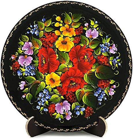 Ukrainian Souvenir Folk Art Petrikov Floral Style Hand Painted Wooden Round Platter on Stand - Ukraine Folk Art Home Decor - Perfect Gift for Mom - from Ukrainian Gift Shop for Beautiful Kitchen