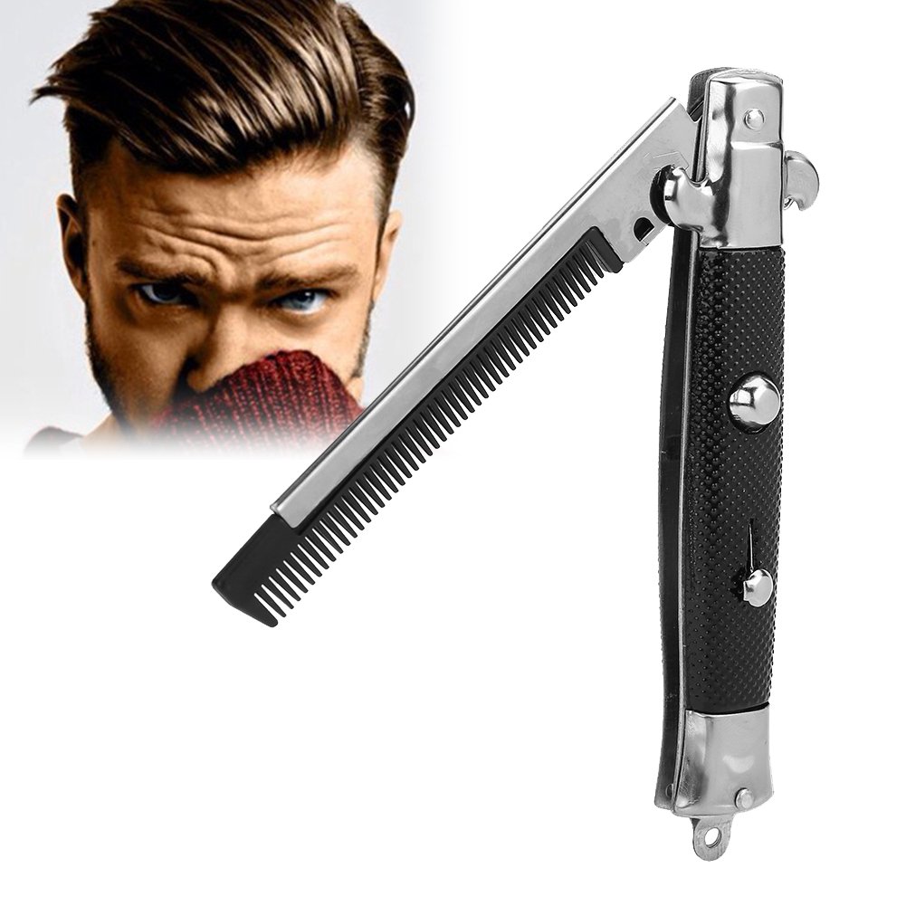 Switchblade Pocket Comb, Foldable Push Button Automatic Stainless Steel Hair Trimmer Combs for Beard Mustache, Men Oil Hair Styling Accessories