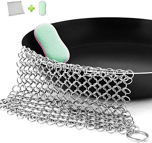 ETeck Cast Iron Cleaner XXL 8x8 Inch 316 Material Stainless Steel Scrubber for Cast Iron Pan,Chain Scrubber + Kitchen Sponge Free