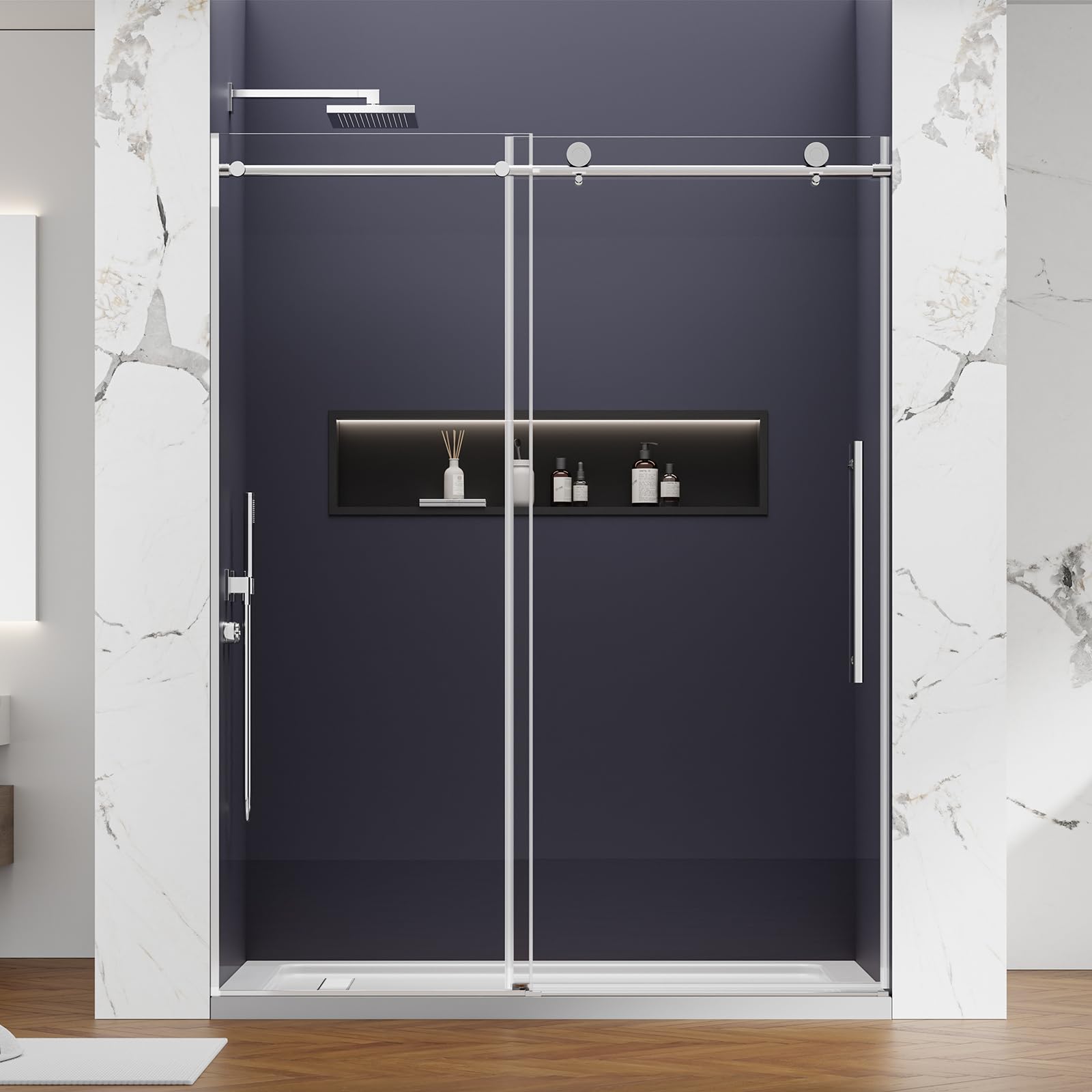 Photo 1 of Frameless Silent Soft-Close Sliding Shower Door, 59-60" W X 76" H Glass Shower Door, 3/8" (10mm) Thick Tempered Glass, Stainless Steel Handles, Double Nano-Coating?Easy to Clean Polished Chrome