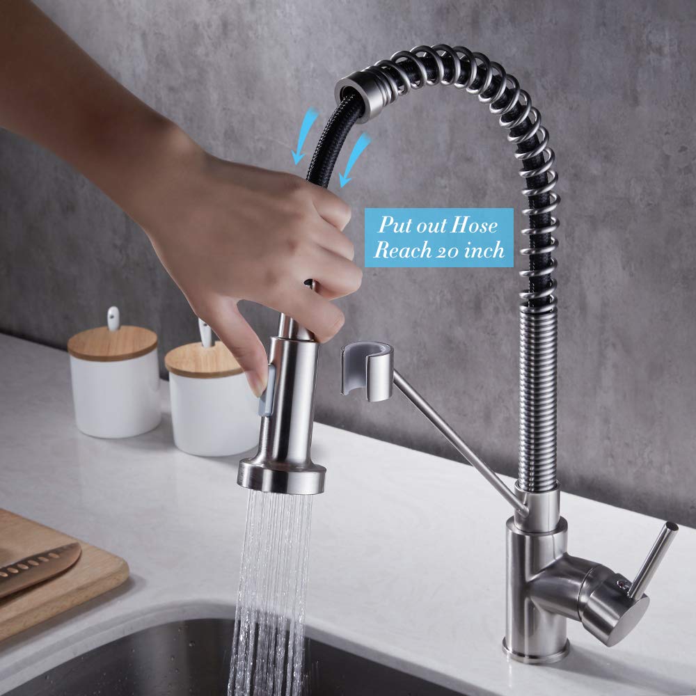 Gricol Kitchen Faucets with Pull Down Sprayer,Single Handle High Arc Solid Brass Spring Commericial Brushed Nickel Sink Faucets